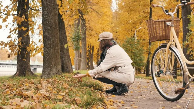 Young woman dressed in trench coat and scarf squats feeding tamed squirrel on autumn park alley with fallen leaves near bike on path