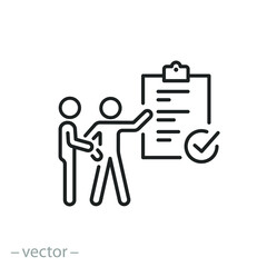 advisor icon, manager customer, service employee, questionnaire or survey, business discussing with client, exam test inspection, teamwork strategy, thin line symbol - editable stroke vector