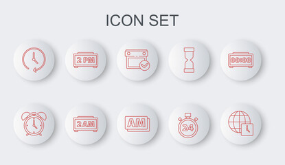 Set line World time, Alarm clock, Calendar with check mark, Stopwatch 24 hours, Clock, Digital alarm, and AM icon. Vector
