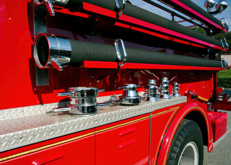 Detail of the side of a red fire truck with all of the brightly polished chrome fittings in the bright sunshine