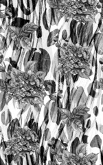 Black and white Seamless botanical pattern with hydrangea flowers painted in watercolor on an animalistic background for textiles and surface design