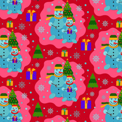 Snowmen colorful seamless pattern. Christmas texture. Vector illustration. Illustration in doodle style. Texture for printing on textiles and printing, for interior decoration.