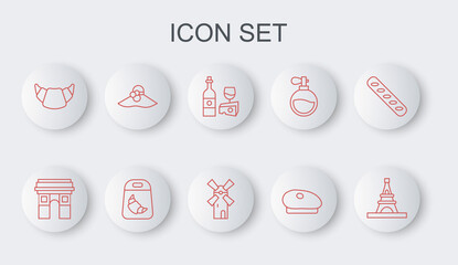 Set line Eiffel tower, Triumphal Arch, Wine bottle with cheese, French beret, Croissant, Elegant women hat, package and Windmill icon. Vector