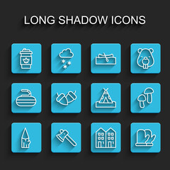 Set line Wooden log, axe, Coffee cup to go, House, Christmas mitten, Acorn, Mushroom and Indian teepee wigwam icon. Vector