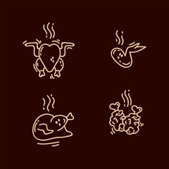 A set of chicken icons. Organic pictograms of fried poultry food. Icons for the menu with grilled, breast and chicken legs. Vector illustration