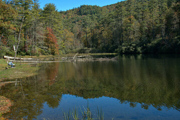 Fototapeta premium Fisherman on a mountain lake in early fall