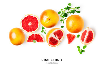 Grapefruit citrus fruits and marjoram leaves creative layout