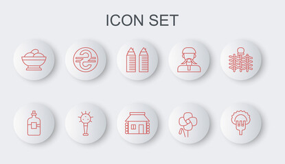 Set line Dumplings on fork, Bottle of vodka, Two towers Dnipro, Poppy flower, Varenyky bowl, Ukrainian hryvnia, Mace and house icon. Vector