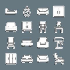 Set line Armchair, Table lamp, on table, Sofa, Chest drawers, Bed and Chair icon. Vector