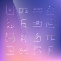 Set line Refrigerator, Office desk, Armchair, Chest of drawers, Chair, Wardrobe and icon. Vector