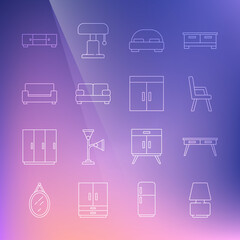 Fototapeta na wymiar Set line Table lamp, Office desk, Armchair, Big bed, Sofa, Chest drawers and Wardrobe icon. Vector