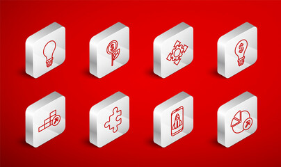 Set line Financial growth, Dollar plant, Project team base, Light bulb with dollar, Startup project concept, of idea, Piece puzzle and icon. Vector