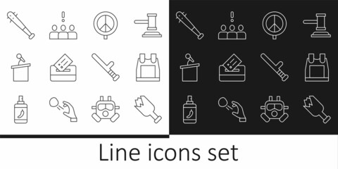 Set line Broken bottle as weapon, Bulletproof vest, Peace, Vote box, Stage stand or tribune, Baseball bat with nails, Police rubber baton and Crowd protest icon. Vector