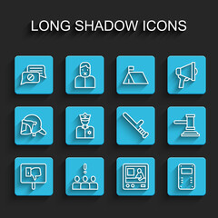 Set line Protest, Crowd protest, Speech bubble chat, Television report, Police assault shield, officer, Judge gavel and rubber baton icon. Vector