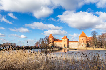 Trakai Island Castle orange walls and towers, lake Galve, Republic of Lithuania