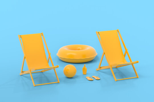 Beach chair with inflatable ring and beach ball on monochrome blue background.