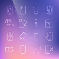 Set line Phone repair service, Mobile with broken screen, Smartphone battery charge, System bug, and USB cable cord icon. Vector