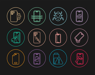 Set line Mobile with broken screen, Shockproof phone, System bug, Glass protector, Phone repair service, and Waterproof icon. Vector