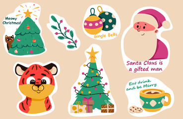 Obraz na płótnie Canvas Cute set of New Year and Christmas stickers with festive tree, santa and tiger and lettering. Set of holiday symbols. Stock vector illustration. 2022