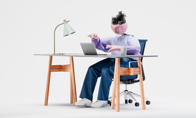 Awesome Travor working on a laptop at a desk. Highly detailed fashionable stylish abstract character isolated on white background. Left view. 3d rendering. 