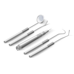 Basic Dentist Instruments and Tools. A set of Metal Isometric Medical Equipment for Teeth Dental Care. Dental Hygiene and Healthcare Concept on White