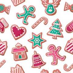 Christmas seamless background. Colorful Gingerbread cookies. Traditional pattern for wrapping paper, banners, pajamas. Cute design elements isolated on white. Vector