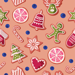 Christmas seamless background. Colorful Gingerbread cookies and fruits. Traditional pattern for wrapping paper, banners, pajamas. Vector