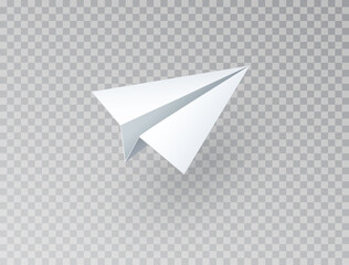 Paper white flying plane isolated on transparent background. Vector realistic 3d airplane, children toy template