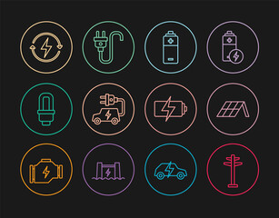 Set line Electric tower, Solar energy panel, Battery, car, LED light bulb, Recharging, and plug icon. Vector