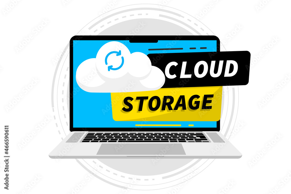 Aufkleber Laptop with cloud storage. Exchange of information. Laptop uploads files to cloud server. Cloud computing technology. Hosting, network management, data synchronization, database, remote access