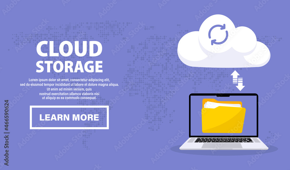 Poster Laptop with cloud storage. Exchange of information. Laptop uploads files to cloud server. Cloud computing technology. Hosting, network management, data synchronization, database, remote access