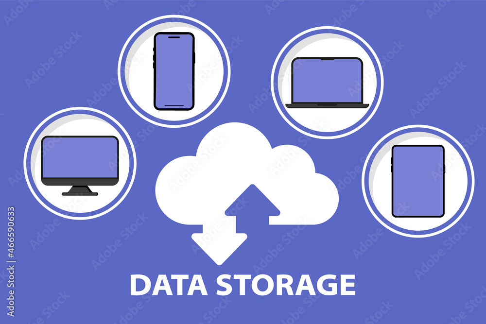 Poster Cloud storage. Sharing information with smartphone, tablet, computer and laptop. Cloud computing technology. Hosting, network management, data synchronization, database, remote access. Digital devices
