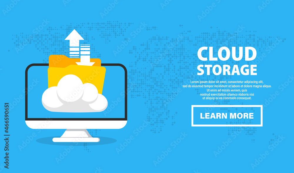 Fototapete Laptop with cloud storage. Exchange of information. Cloud data storage uploading file on server. Cloud computing technology. Hosting, network management, data synchronization, database, remote access