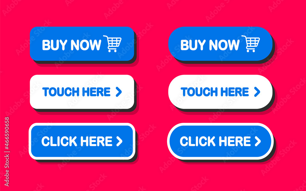 Fototapete Click Here Button with Click cursor. Set of action buttons website buy or download. Click button. Computer mouse cursor or Hand pointer symbol. Touching cursor for buy or register or links to websites