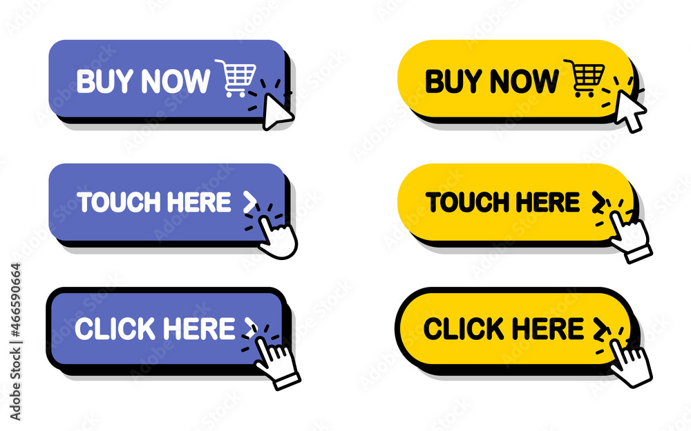 Fototapete Click Here Button with Click cursor. Set of action buttons website buy or download. Click button. Computer mouse cursor or Hand pointer symbol. Touching cursor for buy or register or links to websites