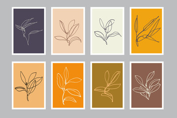 Fototapeta na wymiar Botanical line art vector set with colored background. Abstract plant design for prints, covers, wallpapers, minimalistic and natural wall art designs. Vector illustration.