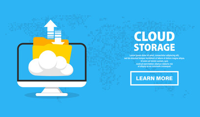 Laptop with cloud storage. Exchange of information. Cloud data storage uploading file on server. Cloud computing technology. Hosting, network management, data synchronization, database, remote access