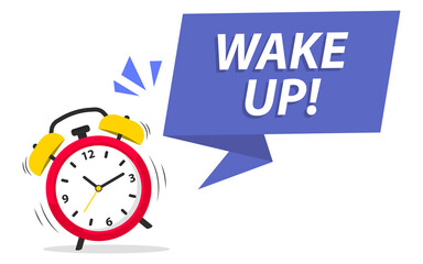 Alarm Clock with wake up inscription. Wake up time. Alarm Clock, bell. Loud signal to wake up in the morning from bed. Getting up in the morning or waking up. Mechanical signaling device, clock, timer