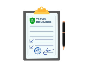 Travel insurance policy on clipboard with pen. Safe flight by plane and signed contract protection tourist life and property. Indemnification document in traveler trip accident. Safety journey vector