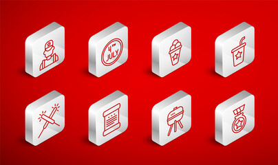 Set line Medal with star, Calendar date July 4, Ice cream in waffle cone, Paper glass straw, Barbecue grill, Sheriff cowboy, Declaration of independence and Sparkler firework icon. Vector