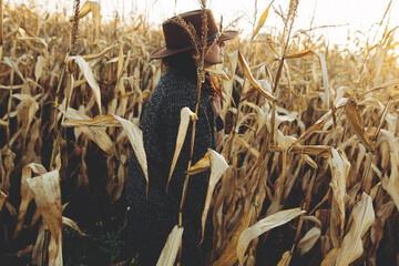 Beautiful stylish woman in brown hat and vintage coat walking in sunny autumn maize field. Fashionable young hipster female walking in fall corn in evening countryside. Atmospheric moment