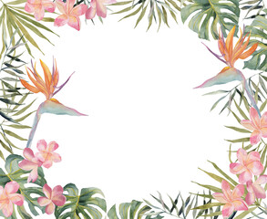 Fototapeta na wymiar Hand drawing watercolor summer banner - Strelitzia, plumeria, monstera, palm leaf. On white background with space for text. For scrapbooking, cards for birthday, party, baby shower,