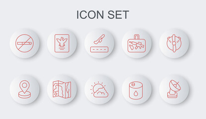 Set line Radar, Location, Plane takeoff, Barrel oil, No Smoking, Passport, World travel map and Sun and cloud weather icon. Vector
