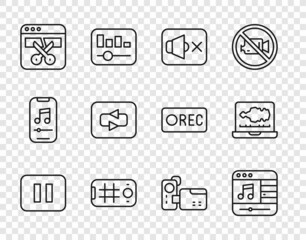 Set line Pause button, Music player, Speaker mute, Selfie mobile, Video recorder or editor, Repeat, Cinema camera and Sound audio icon. Vector