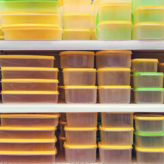 Plastic dishes and containers are sold on the shelves in the store, background