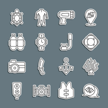 Set line Flippers for swimming, Coral, Lifebuoy, Flashlight diver, Diving watch, Aqualung, Turtle and Snorkel icon. Vector