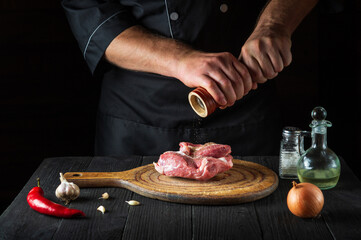 Chef cooking raw meat fillet and adding pepper or chili for marinade. Working environment in...