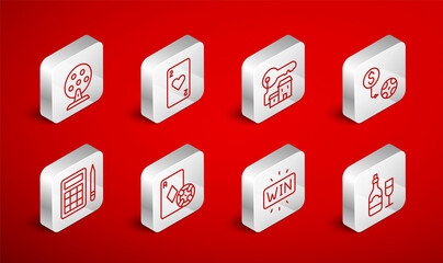 Set line Champagne bottle with glass, Playing card heart, Winning house key, Casino chips exchange, win, Lottery machine, and playing cards and Bingo icon. Vector