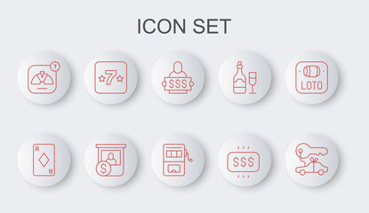 Set line Car gift, Playing card with diamonds, Winner holding prize ticket, Money casino, Lucky wheel, Casino slot machine, chips exchange and Slot icon. Vector