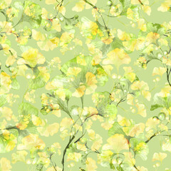 Ginkgo gingo biloba leaves and seeds watercol foliage medical treatment. Seamless pattern of Ginkgo leaves and branches.